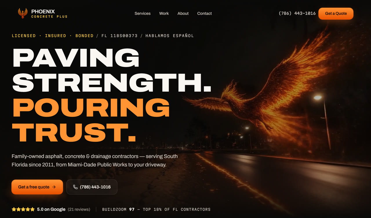 Screenshot of the Phoenix Concrete Plus website homepage